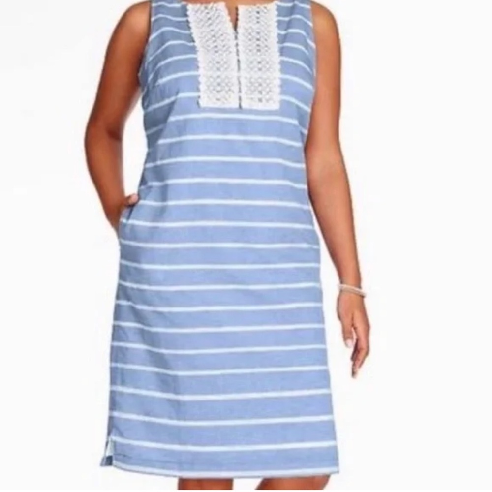 Talbots size 10 blue and white pintuck popover midi linen cotton dress NWOT